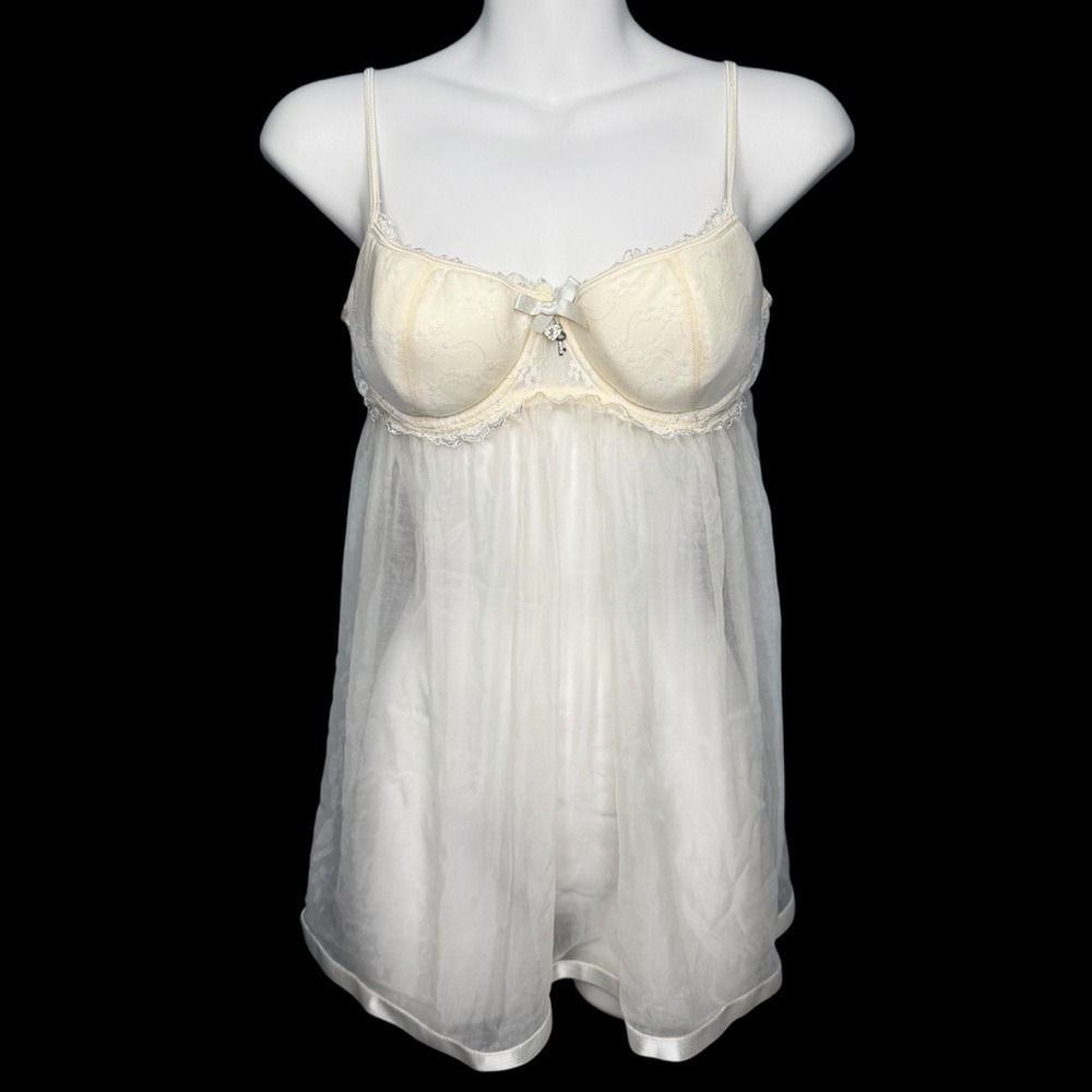 Victoria Secret 36C Sexy Little Thing Push Up Babydoll Ivory Satin Lace Lingerie